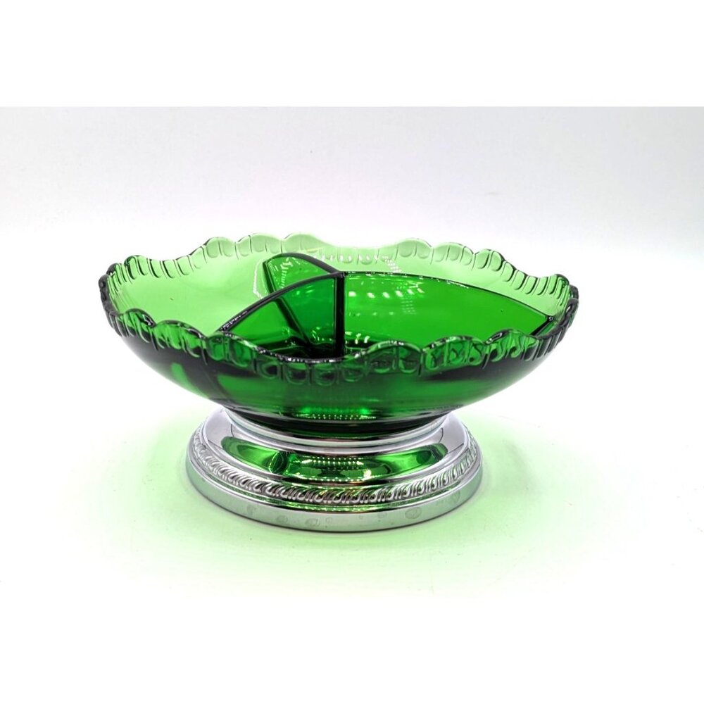 Vtg Farber Bros Emerald Green Glass Pedestal Divided Candy Dish Krome Kraft 6.5"